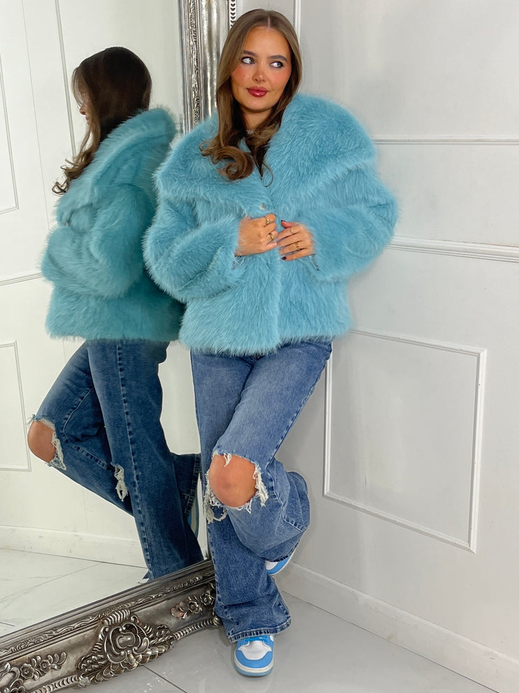 Soft Faux Fur Collar Detail Oversized Jacket - Sky Blue
