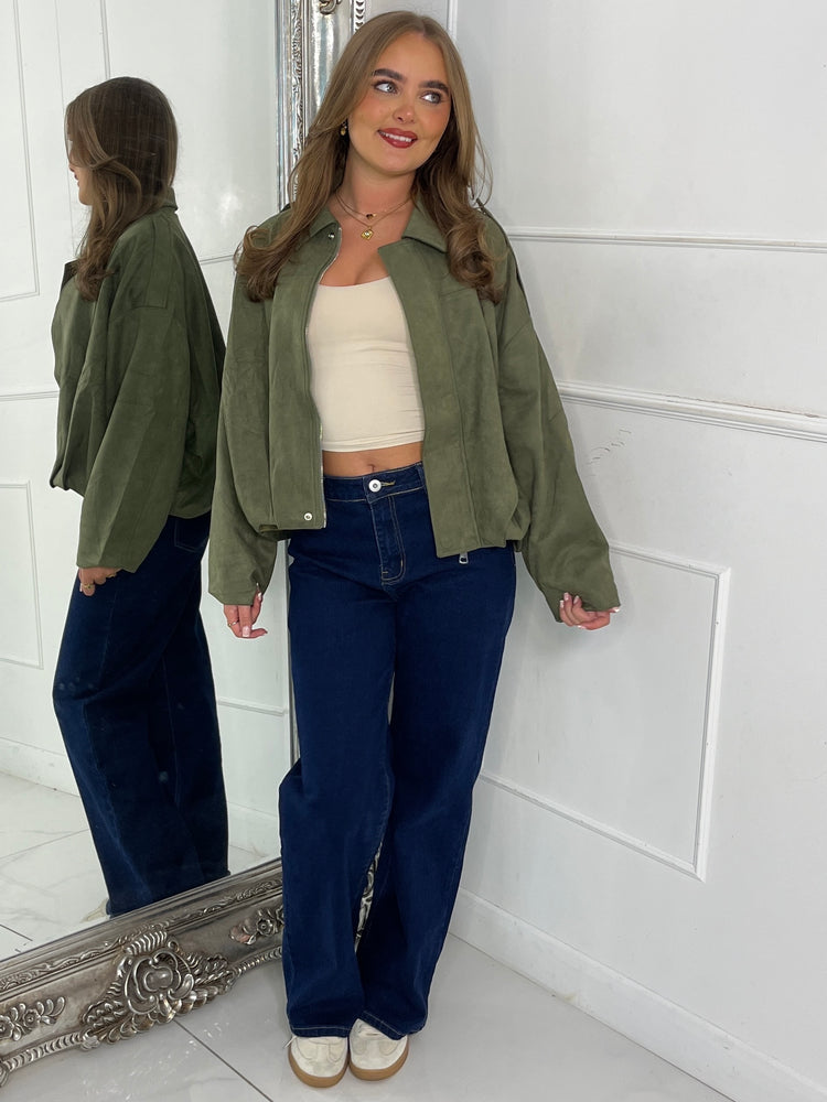 Suede Collared Oversized Bomber Jacket - Khaki