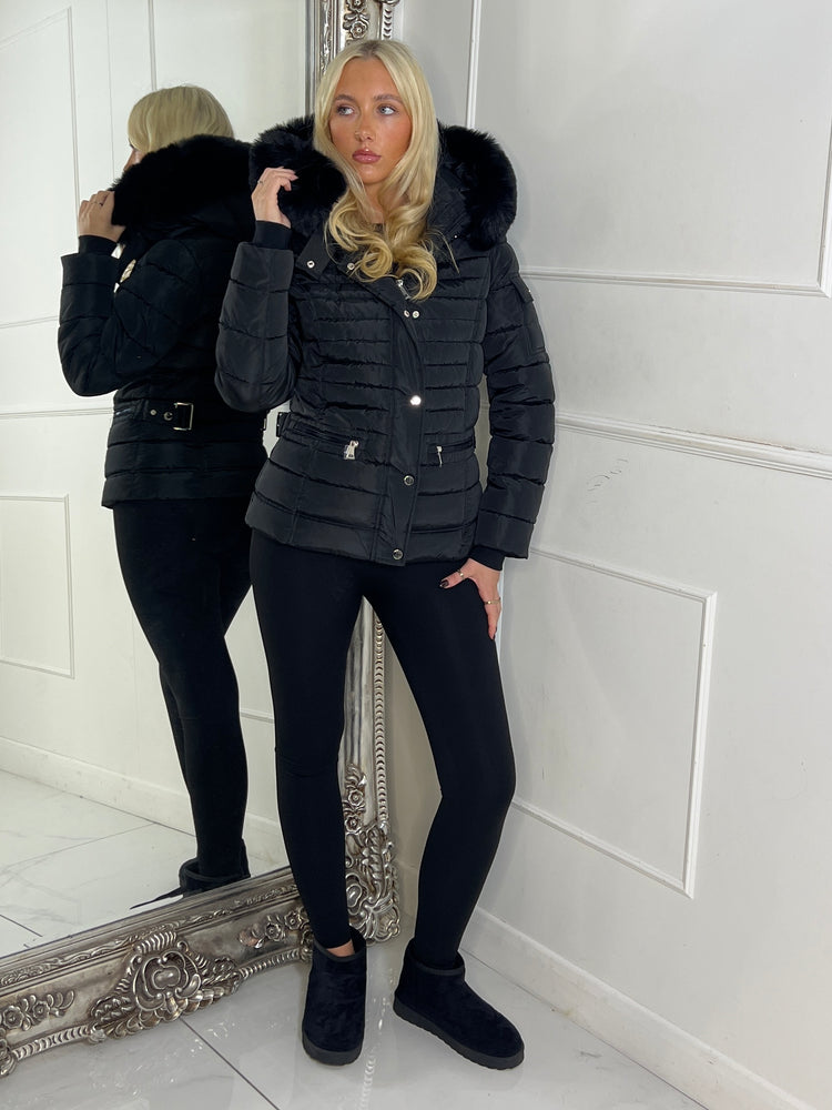 Padded Pocket Detail Faux Fur Hooded Jacket - Black