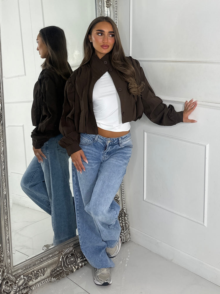 Mila Cropped Balloon Sleeve Jacket - Brown