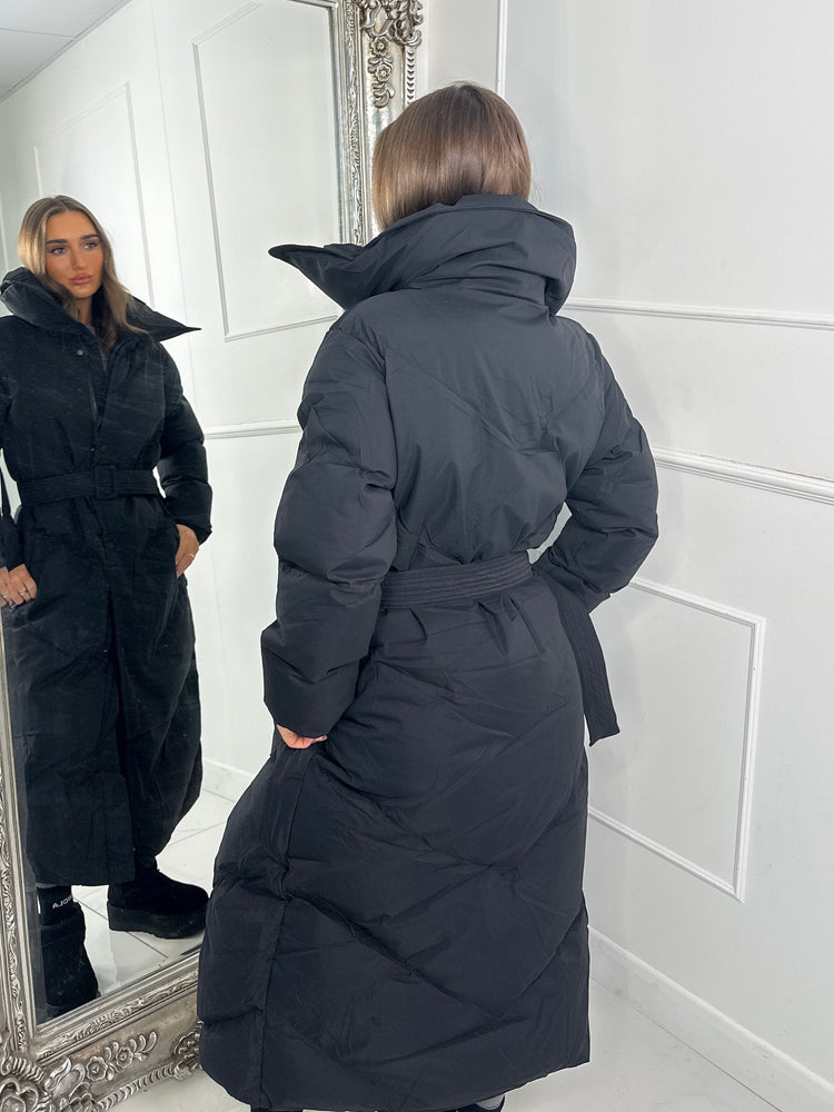 Long Length Padded Belted Coat - Black