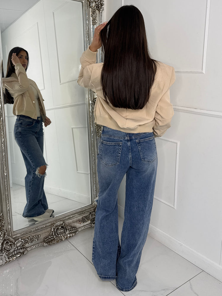 Cropped Pocket Detail Bomber Jacket - Cream