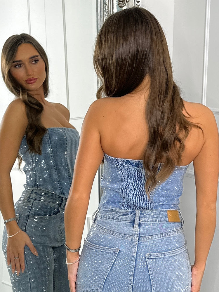 Diamante Corset Top - Blue Denim