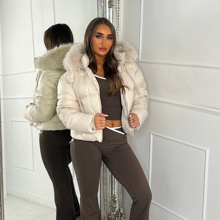 Cropped Faux Fur Trim Padded Jacket - All Cream