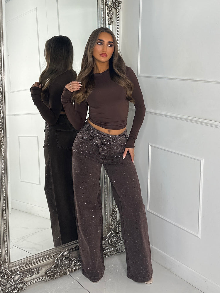 Asymmetric Waist Ombre Diamante Detail Wide Leg Jeans - Brown