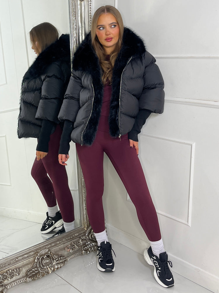 Hooded Puffer Coat With Faux Fur Trim - Black