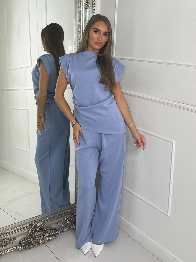 Asymmetric padded shoulder top & Flares Co Ord - Baby Blue