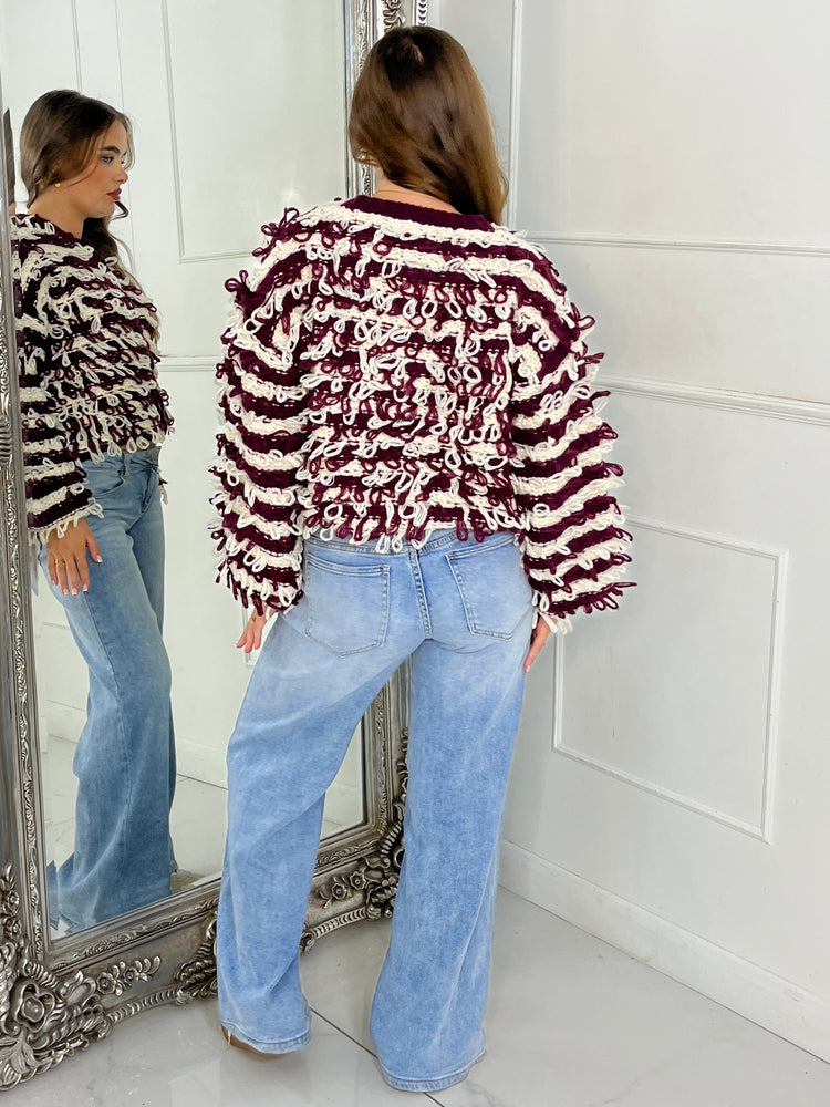 Soft Fluffy Loop Detail Cardigan - Wine/Cream Mixed