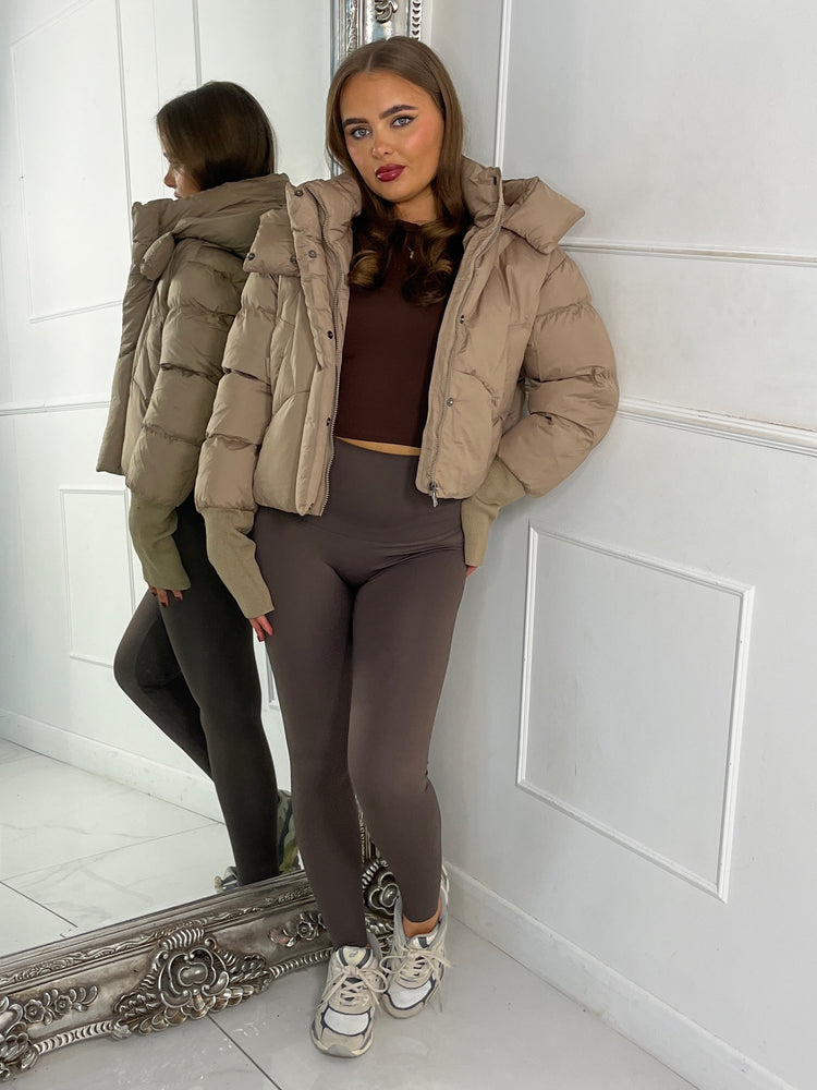 Cropped Puffer Coat With Hood - Beige
