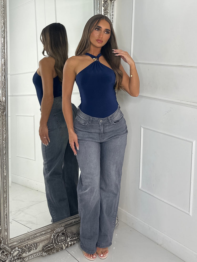 Gold Buckle Cut Out Slinky Bodysuit - Navy