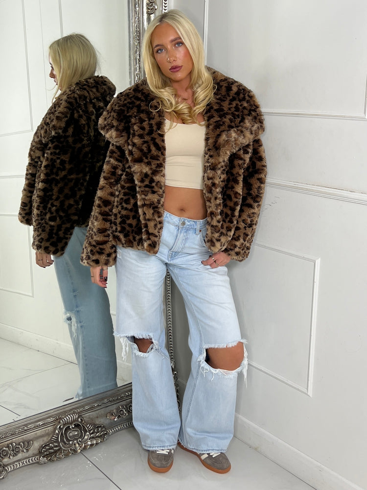 Leopard Print Faux Fur Collared Jacket - Brown