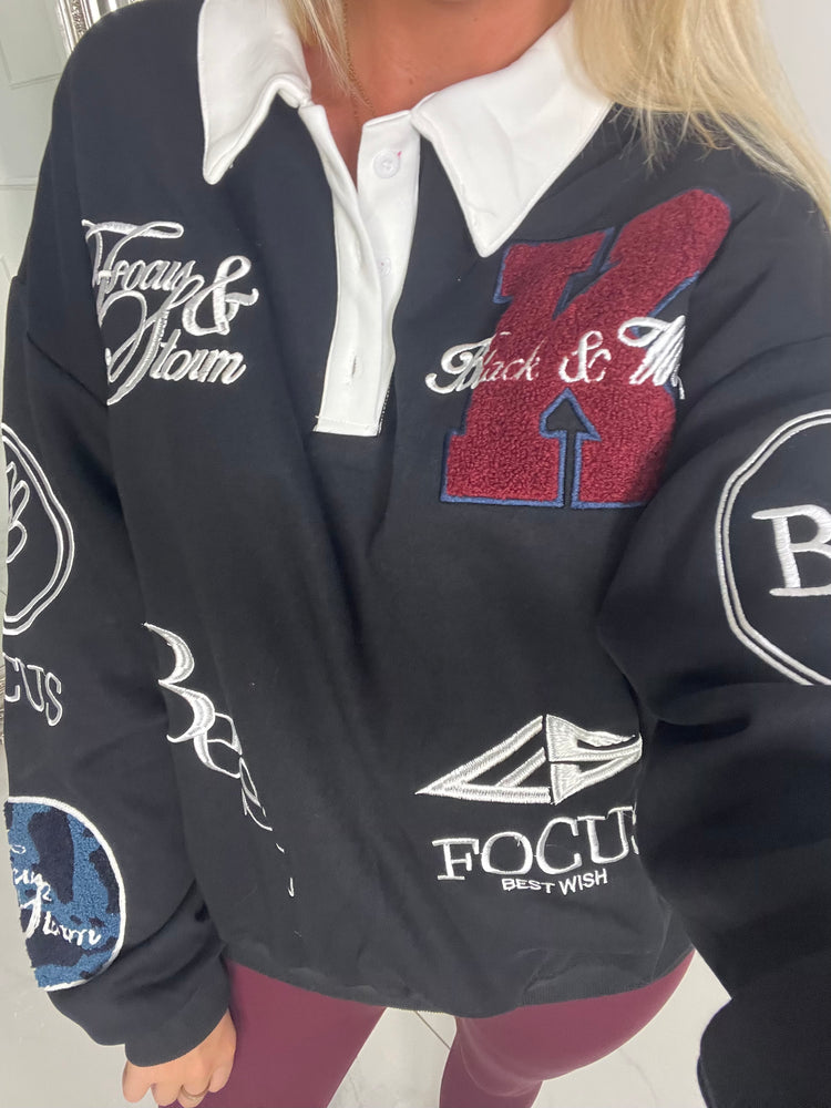 Varsity Badge Detail Rugby Style Top - Black/Multi