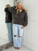 Oversized Collar Pocket Detail Knitted Zip Up Jumper - Brown