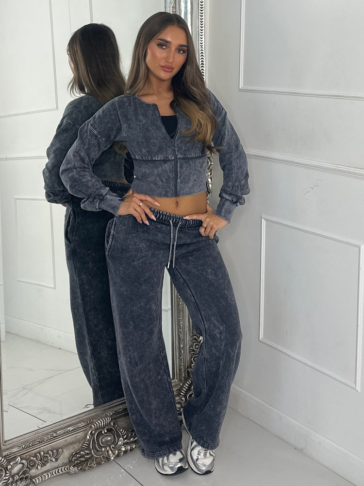 Cropped Zip Up Acid Wash Tracksuit - Charcoal Grey