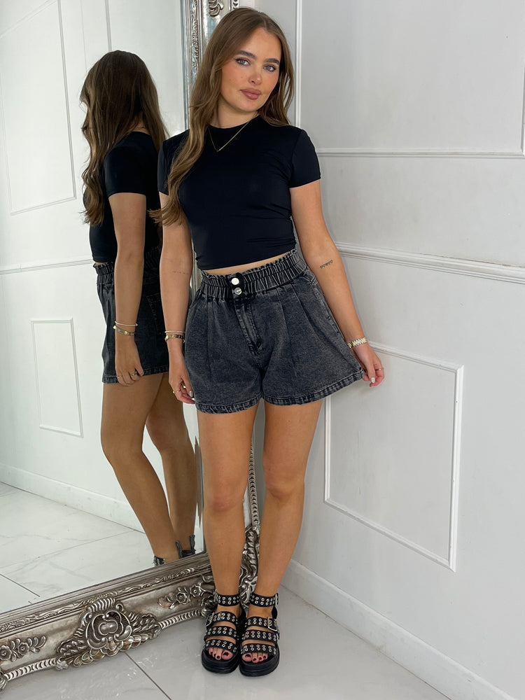 Elasticated Denim Shorts - Black