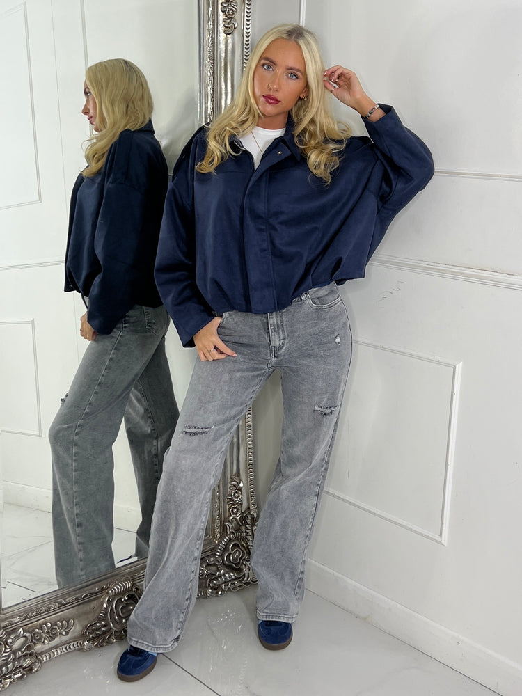 Suede Collared Oversized Bomber Jacket - Navy