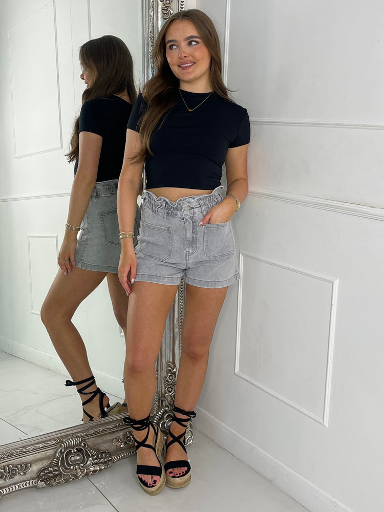 Pocket Detail Paper Bag Denim Shorts - Grey