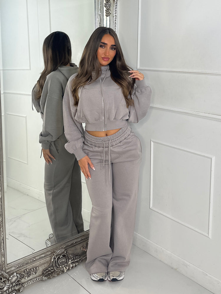 Hooded Zip Up & Double Waist Band Wide Leg Joggers Tracksuit - Dove Grey