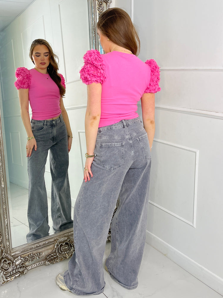 Mesh Ruffle Shoulder Tee -Hot Pink Ribbed
