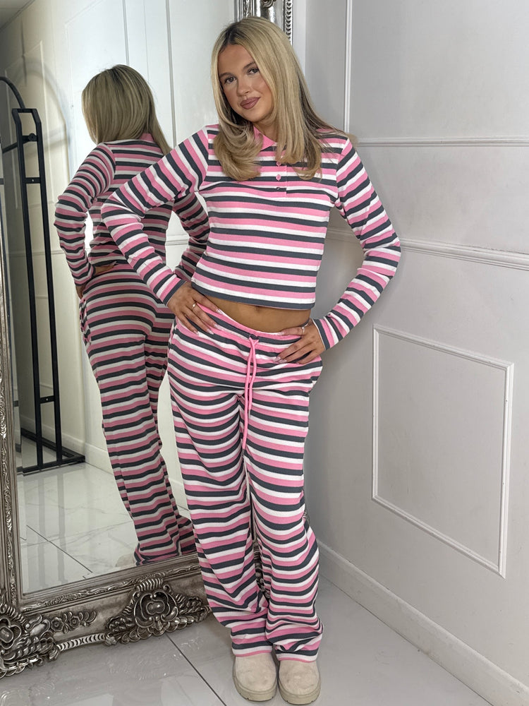 Collar Detail Striped Long Sleeve Top & Wide Leg Pants Co-Ord - Baby Pink Multi