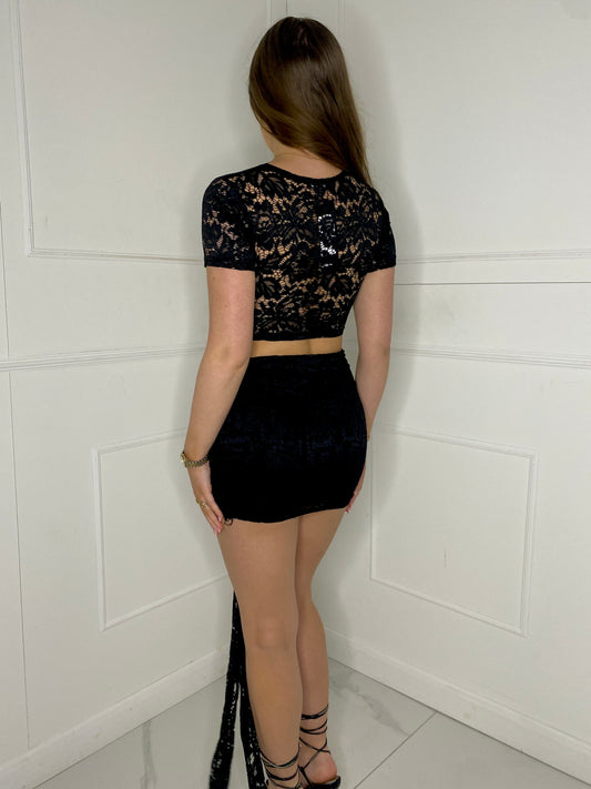 Lace Crop Top & Drape Skirt Co-Ord - Black