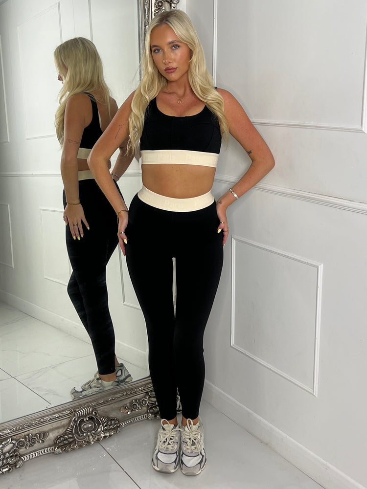 Two Tone Sports Bra & Band Detail Leggings Gym Set - Black/Beige