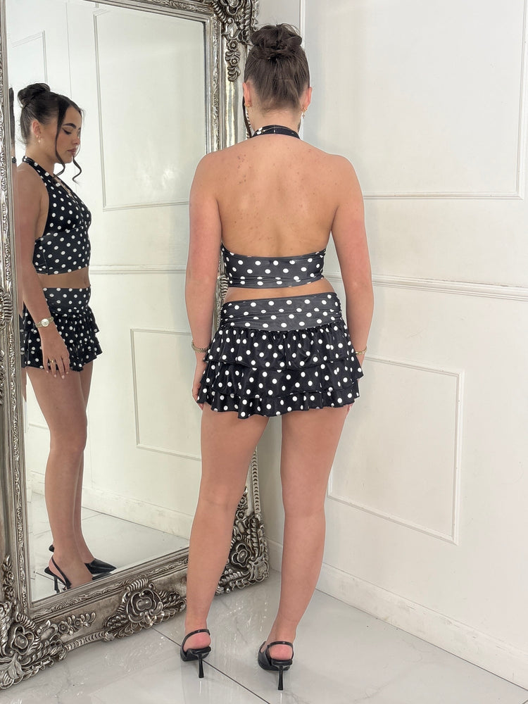 Polka Dot Halter Neck Top & Double Frill Skirt - Black