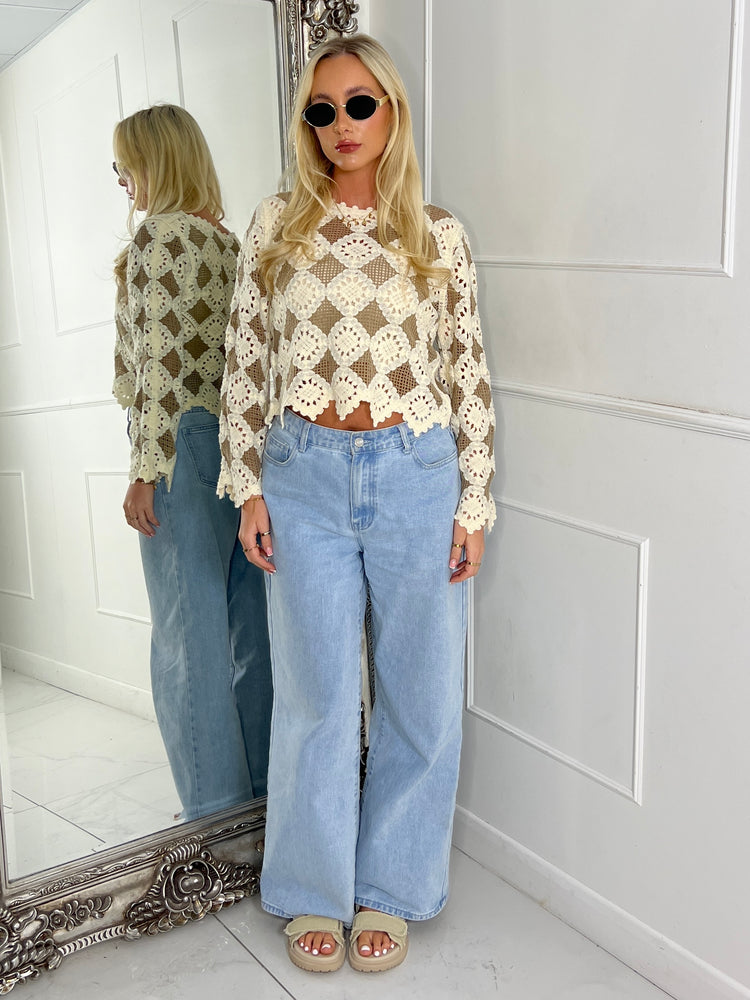 Multi Colour Contrast Crochet Top - Beige Two Tone