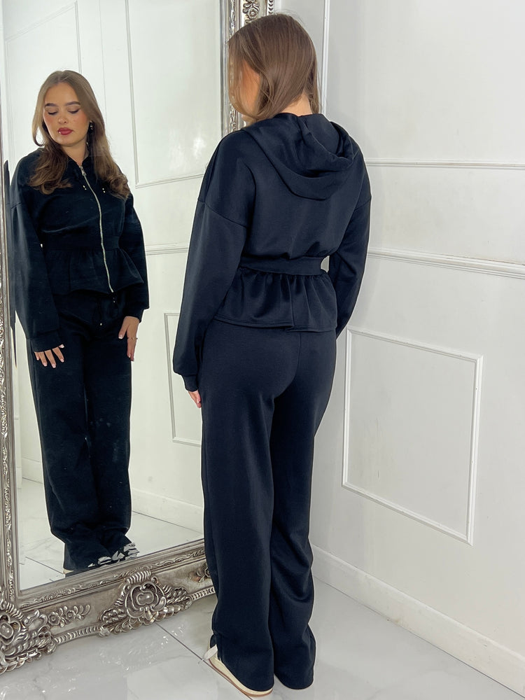 Straight Leg Trousers & Sinch Waist Detail Hoodie Co Ord - Black