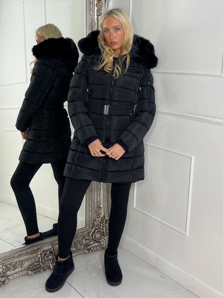 Long Padded Belted Coat With Faux Fur Hood - Black