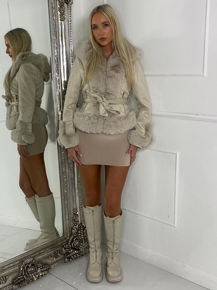 Suedette Fur Trim Detail Jacket - Beige