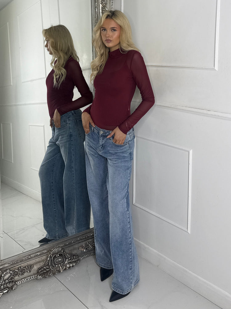 Mesh Long Sleeve Bodysuit With Under-layer Vest Top - Wine