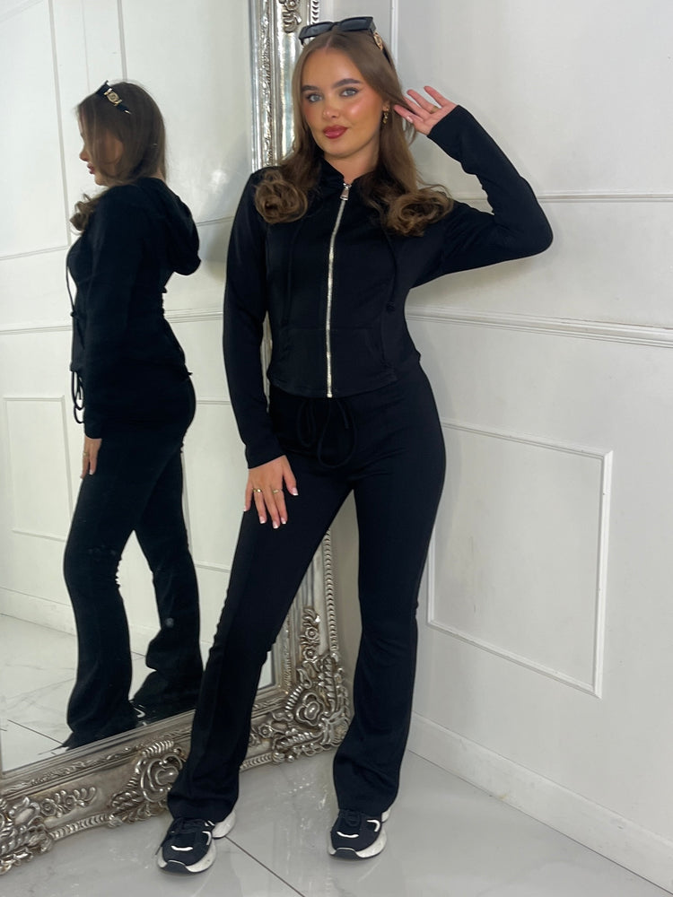 Tie Up Corset Detail Back Hoodie & Seam Detail Flared Pants - Black
