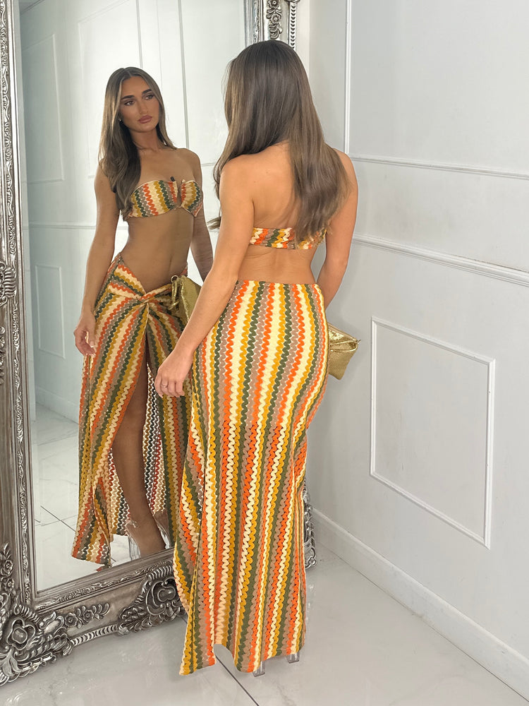 Bandeau Buckle Top & Knot Detail Slit Skirt - Multi one