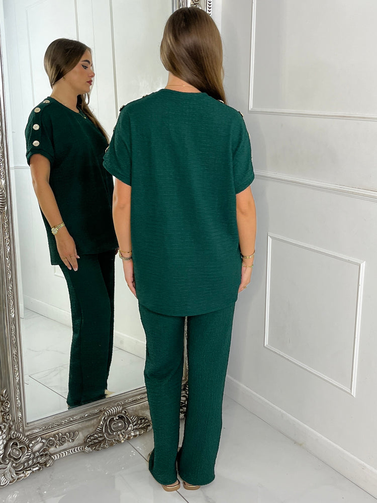 Gold Button Detail Oversized Top & Wide Leg Pants Co-Ord - Emerald