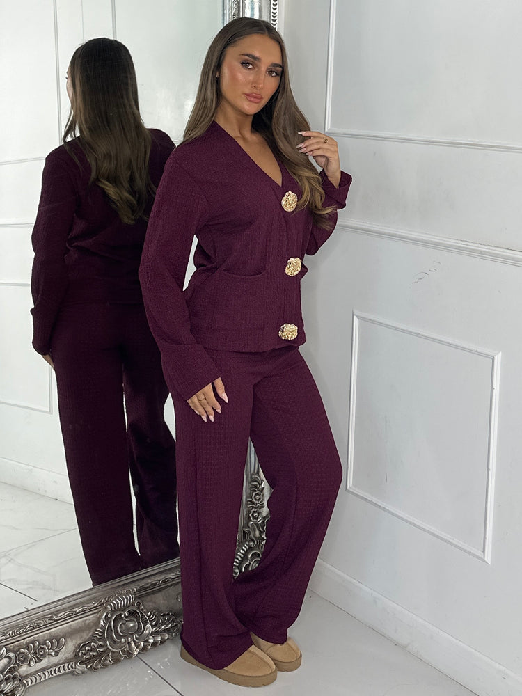 Long Sleeve V Neck Gold Pin Pocket Detail Top & Wide Leg Pants Co-Ord - Wine