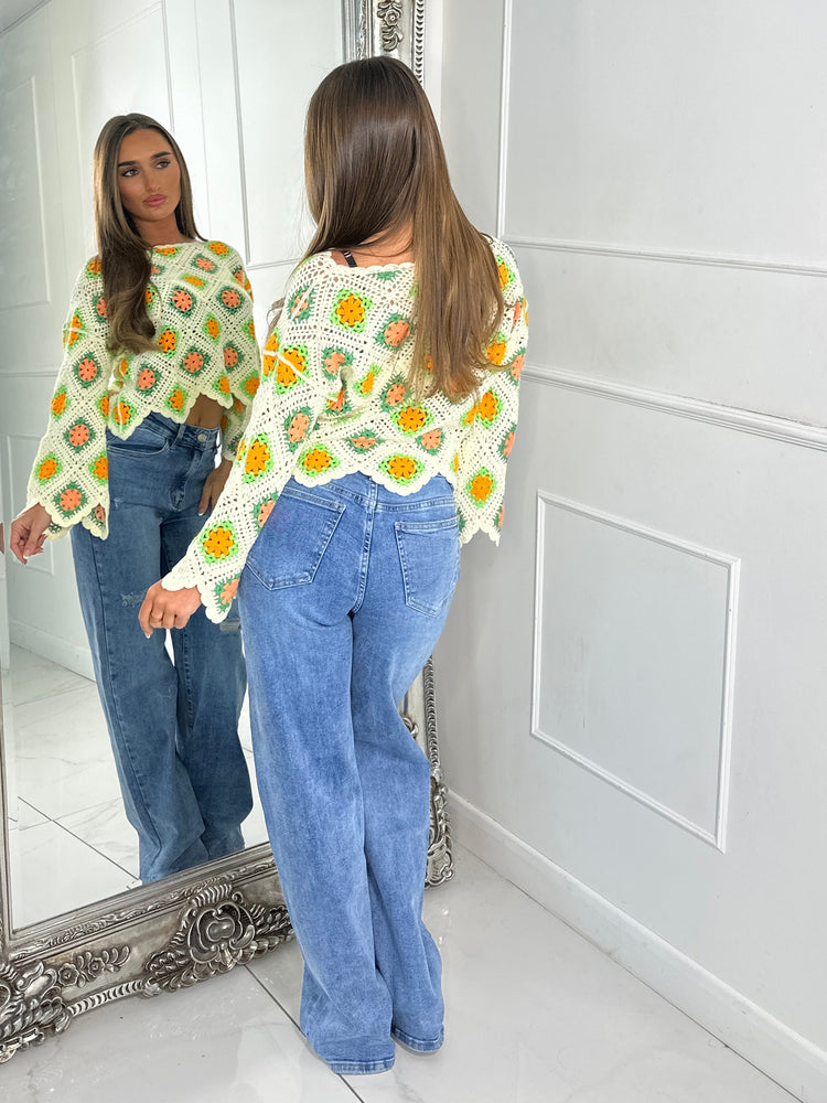 Crochet contrast patterned top - Beige/Orange&Green