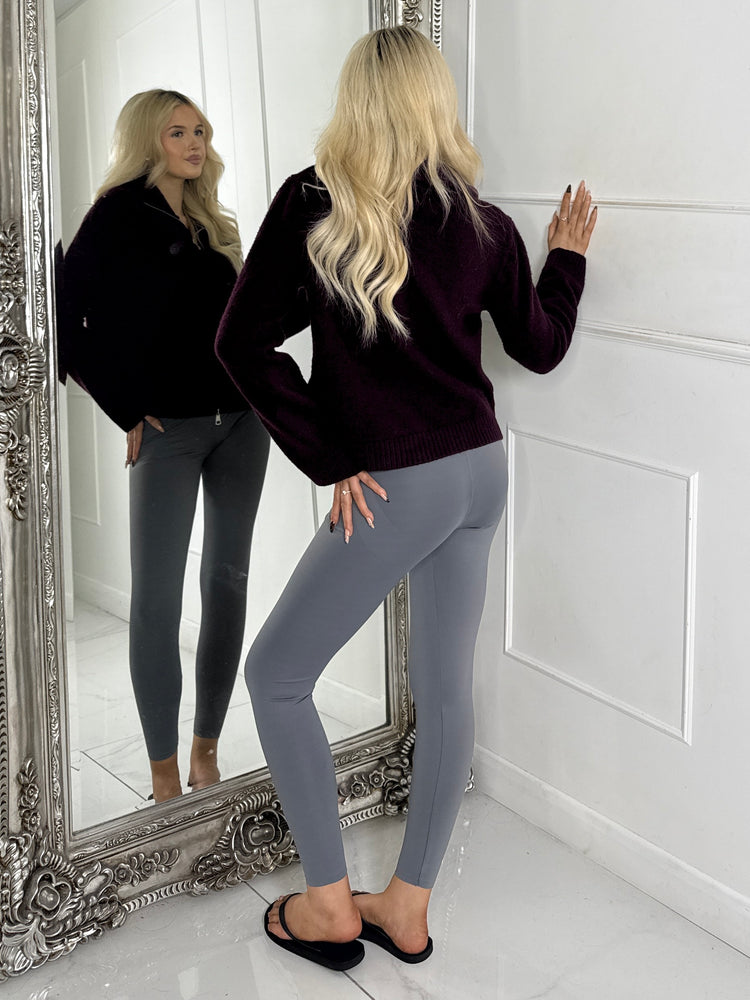 Zip Up Detail
Long Sleeve Cropped Knitted Ribbed Jumper-Wine