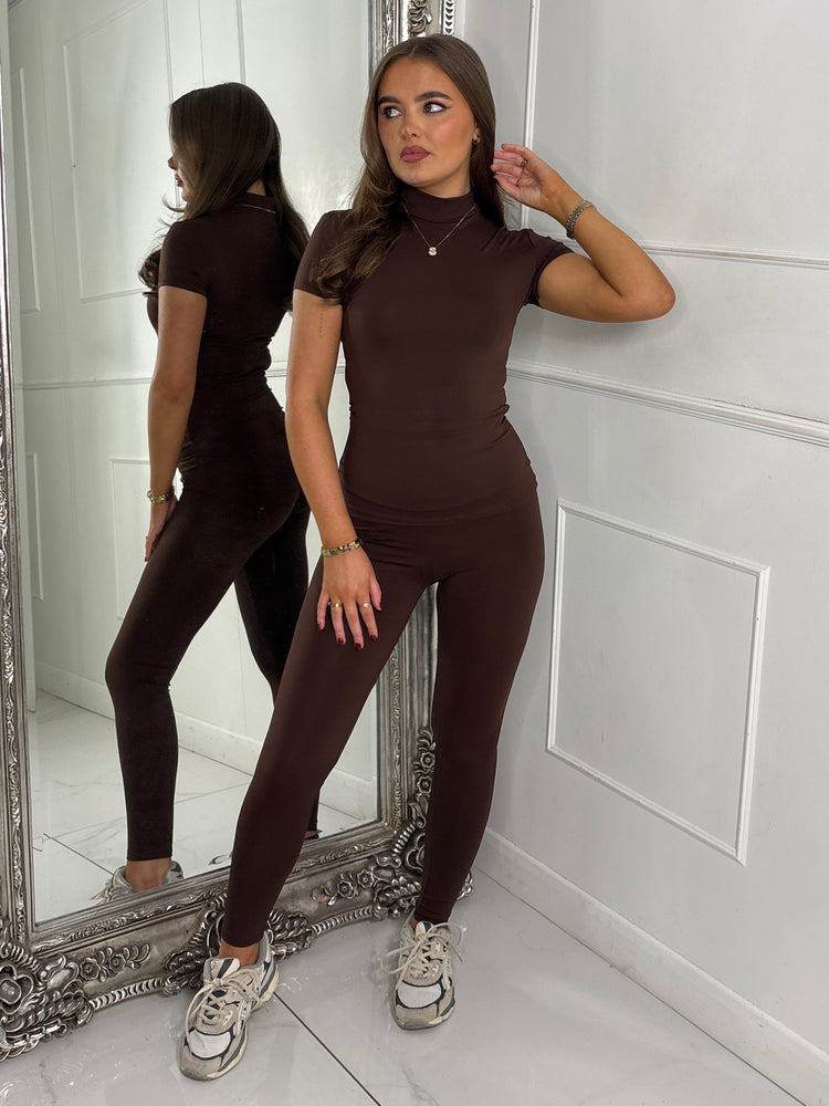 High Neck Second Skin Top & Sculpt Panel Leggings - Brown