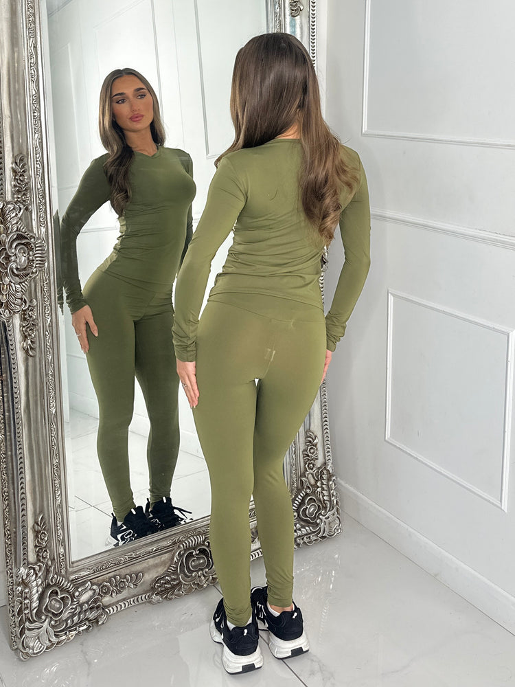 Round Neck Long Sleeve Second Skin Top & Sculpt Panel Leggings - Khaki green