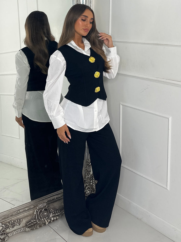 3 Piece Knitted Waistcoat & Shirt Set - Black