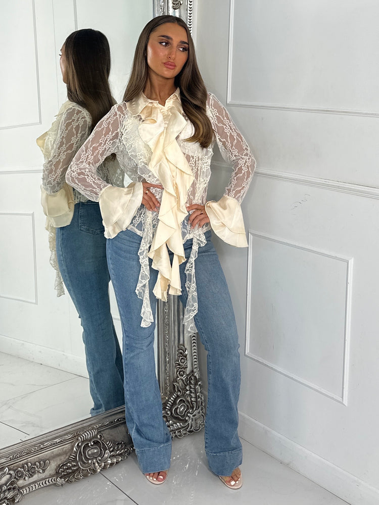 Lace Sheer Diamante Ruffle Shirt - Cream