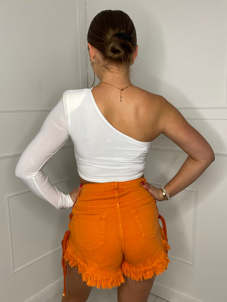 Fringe Detail Denim Lace Up Shorts - Orange/Orange