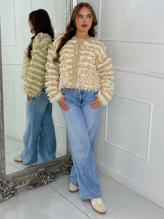 Soft Fluffy Loop Detail Cardigan - Beige/Cream Mixed