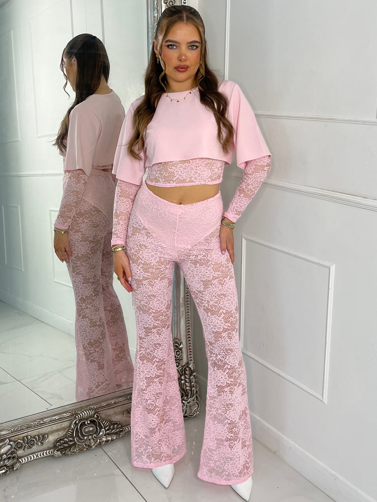Round Neck Lace Underlayer Long Sleeved Cropped Top & Built In Pink Knicker Underlayer Lace Flares Co-Ord - Baby Pink