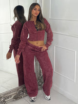 Cropped Zip Up Acid Wash Tracksuit - Wine