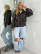 Oversized Collar Pocket Detail Knitted Zip Up Jumper - Brown