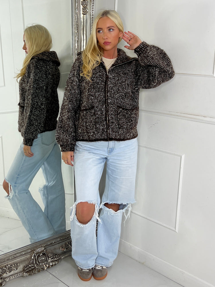 Oversized Collar Pocket Detail Knitted Zip Up Jumper - Brown