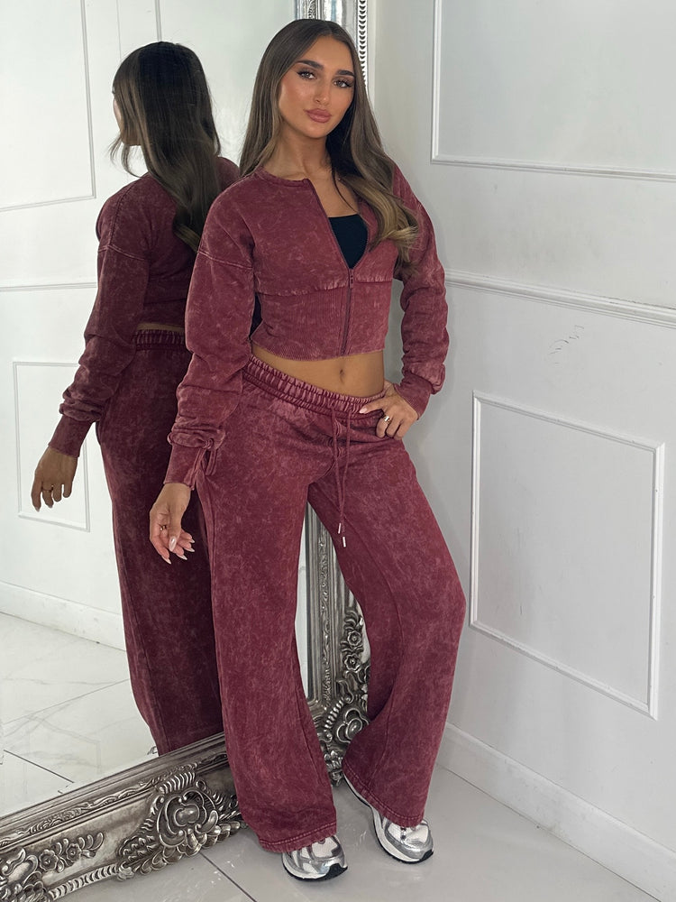 Cropped Zip Up Acid Wash Tracksuit - Wine