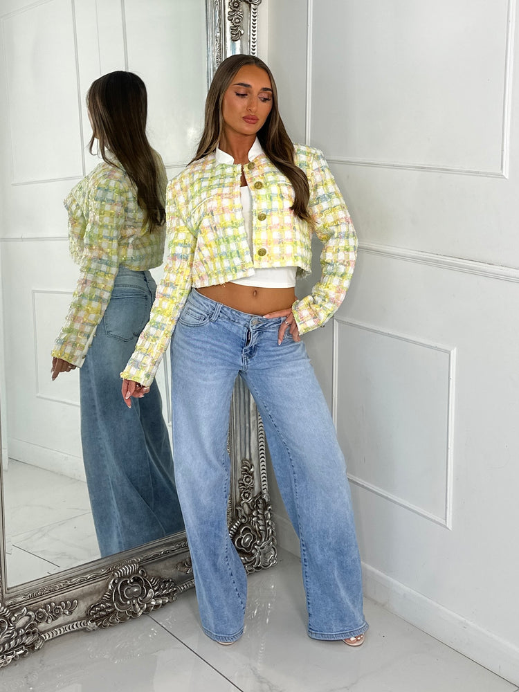 Tweed Gold Button Detail Cropped Bomber Jacket - Multi 2